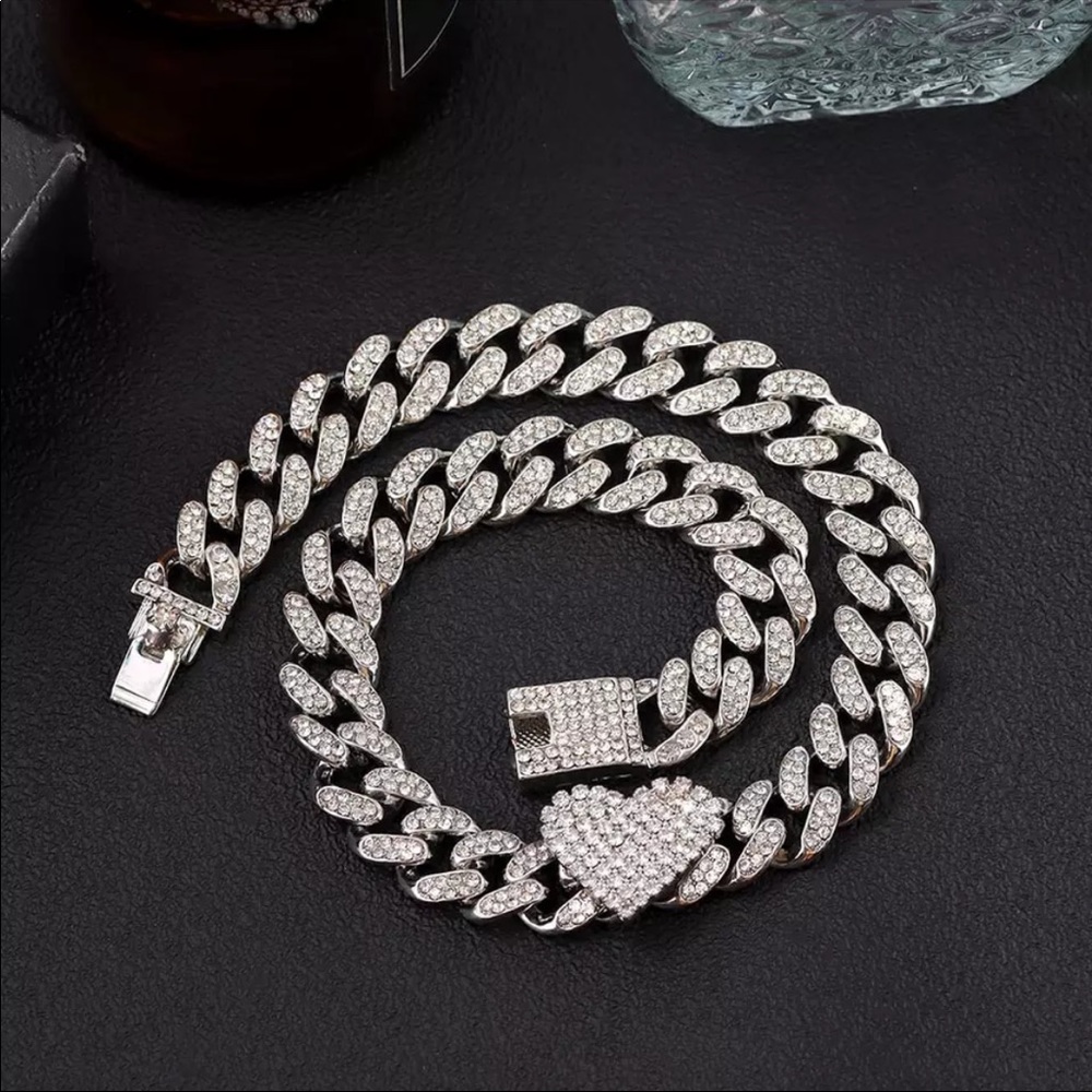 Silver Heart Bling Cuban Link Necklace